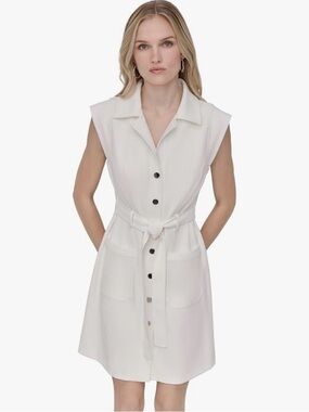 DKNY Sleeveless Collared Neck Belted Tie Dress Button Down Midi Ivory White 18